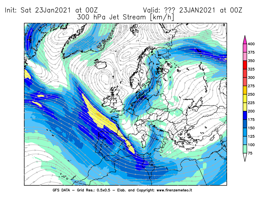 Mappa di analisi GFS - Jet Stream a 300 hPa in Europa
							del 23/01/2021 00 <!--googleoff: index-->UTC<!--googleon: index-->