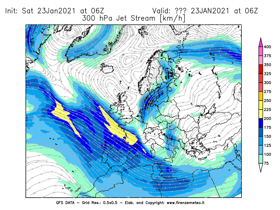 Mappa di analisi GFS - Jet Stream a 300 hPa in Europa
									del 23/01/2021 06 <!--googleoff: index-->UTC<!--googleon: index-->