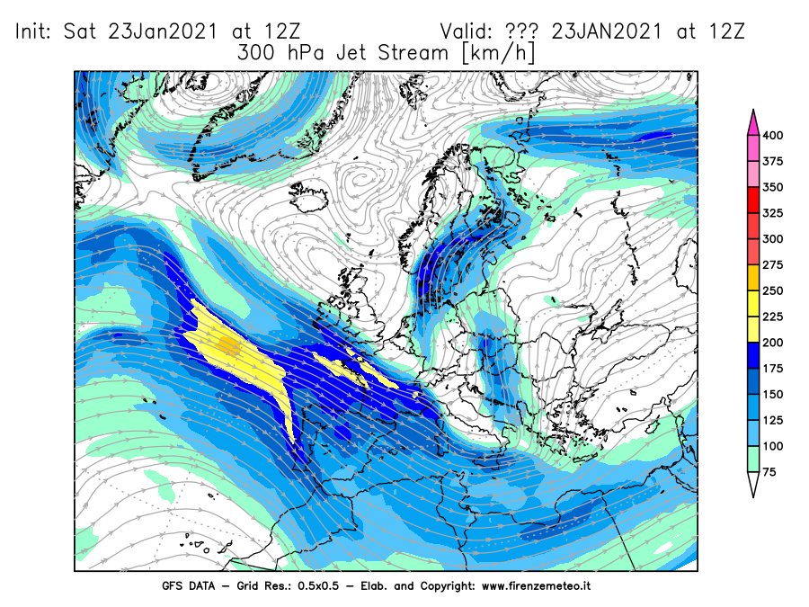 Mappa di analisi GFS - Jet Stream a 300 hPa in Europa
									del 23/01/2021 12 <!--googleoff: index-->UTC<!--googleon: index-->