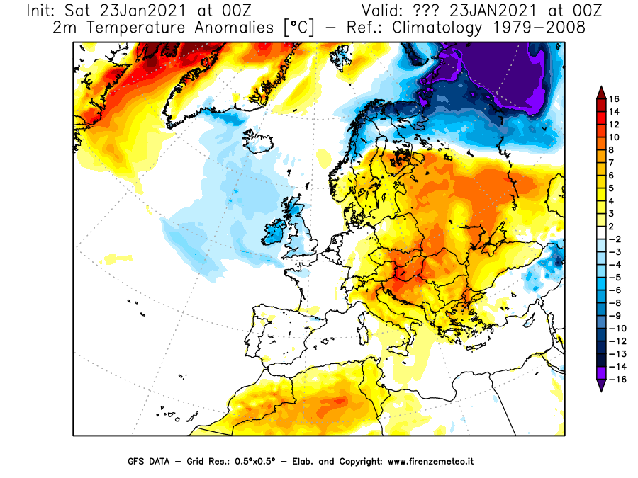 Mappa di analisi GFS - Anomalia Temperatura [°C] a 2 m in Europa
							del 23/01/2021 00 <!--googleoff: index-->UTC<!--googleon: index-->