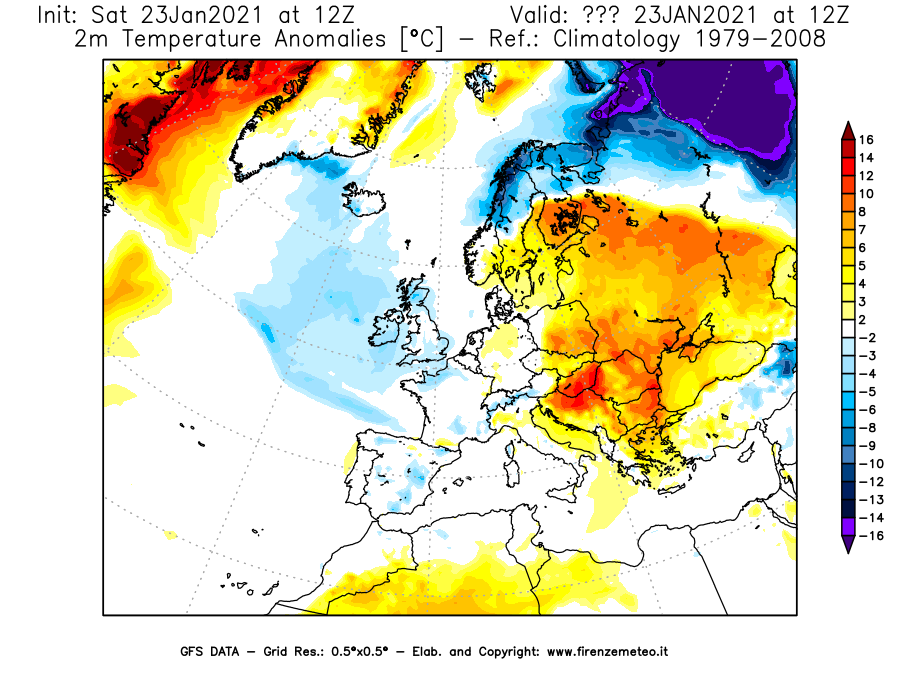Mappa di analisi GFS - Anomalia Temperatura [°C] a 2 m in Europa
							del 23/01/2021 12 <!--googleoff: index-->UTC<!--googleon: index-->