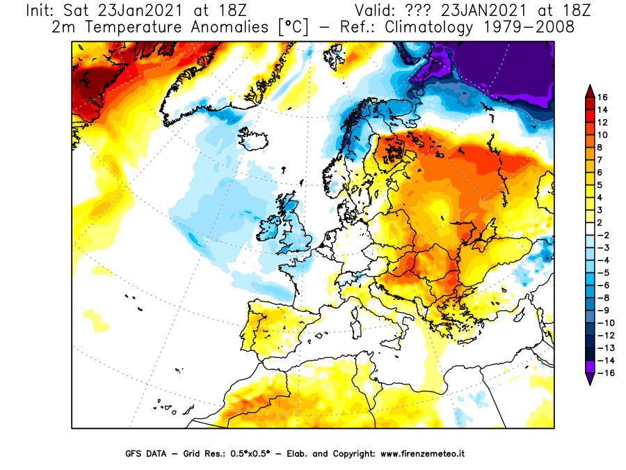Mappa di analisi GFS - Anomalia Temperatura [°C] a 2 m in Europa
							del 23/01/2021 18 <!--googleoff: index-->UTC<!--googleon: index-->