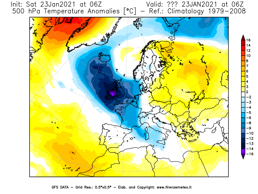 Mappa di analisi GFS - Anomalia Temperatura [°C] a 500 hPa in Europa
									del 23/01/2021 06 <!--googleoff: index-->UTC<!--googleon: index-->