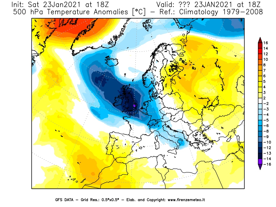 Mappa di analisi GFS - Anomalia Temperatura [°C] a 500 hPa in Europa
							del 23/01/2021 18 <!--googleoff: index-->UTC<!--googleon: index-->