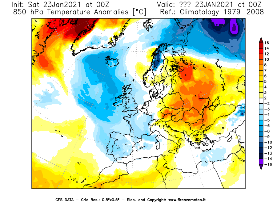 Mappa di analisi GFS - Anomalia Temperatura [°C] a 850 hPa in Europa
									del 23/01/2021 00 <!--googleoff: index-->UTC<!--googleon: index-->