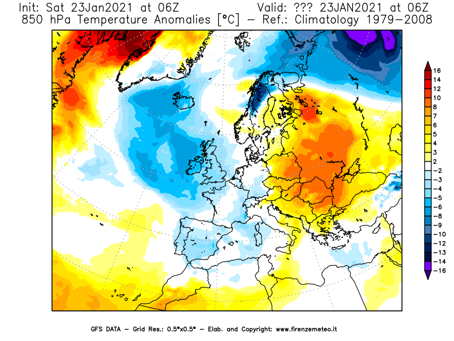 Mappa di analisi GFS - Anomalia Temperatura [°C] a 850 hPa in Europa
									del 23/01/2021 06 <!--googleoff: index-->UTC<!--googleon: index-->