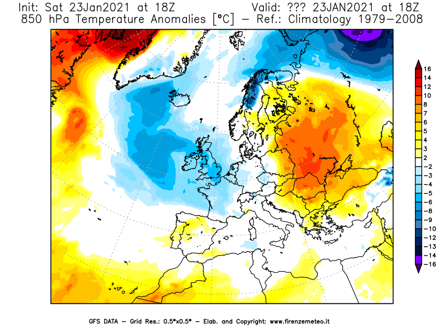 Mappa di analisi GFS - Anomalia Temperatura [°C] a 850 hPa in Europa
							del 23/01/2021 18 <!--googleoff: index-->UTC<!--googleon: index-->