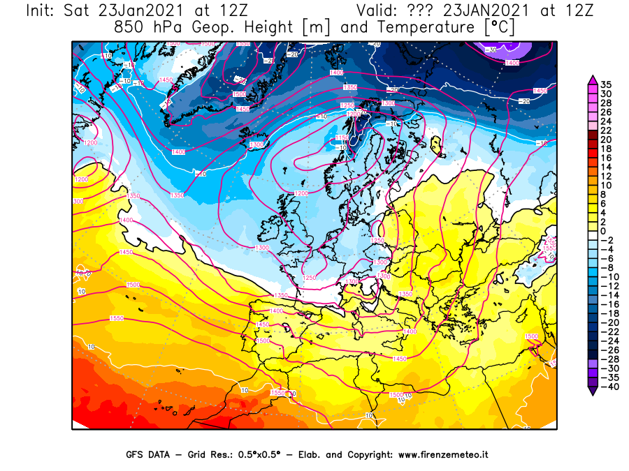 Mappa di analisi GFS - Geopotenziale [m] e Temperatura [°C] a 850 hPa in Europa
									del 23/01/2021 12 <!--googleoff: index-->UTC<!--googleon: index-->
