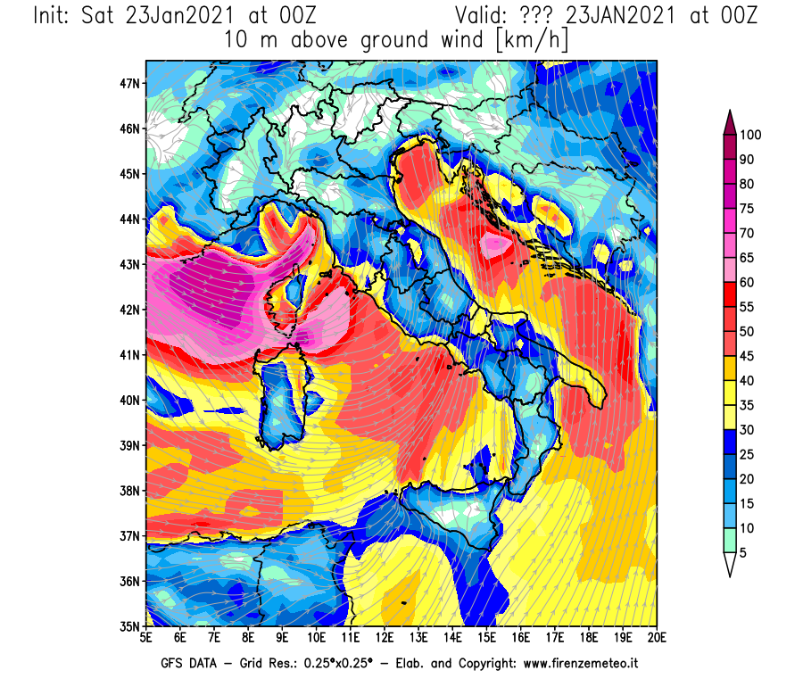 Mappa di analisi GFS - Velocità del vento a 10 metri dal suolo [km/h] in Italia
							del 23/01/2021 00 <!--googleoff: index-->UTC<!--googleon: index-->
