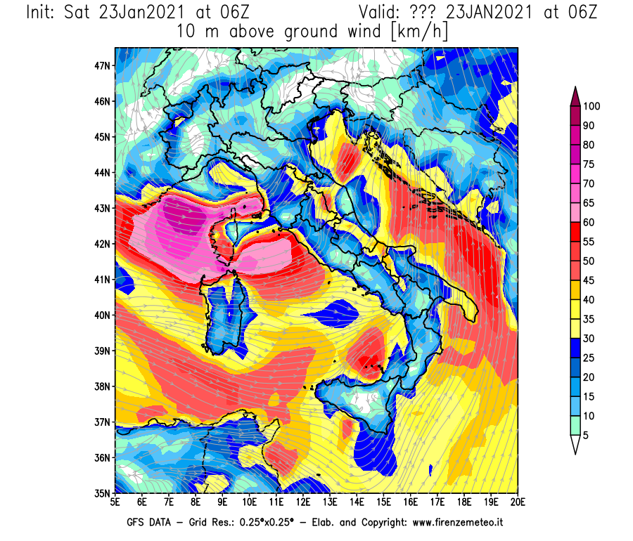 Mappa di analisi GFS - Velocità del vento a 10 metri dal suolo [km/h] in Italia
									del 23/01/2021 06 <!--googleoff: index-->UTC<!--googleon: index-->