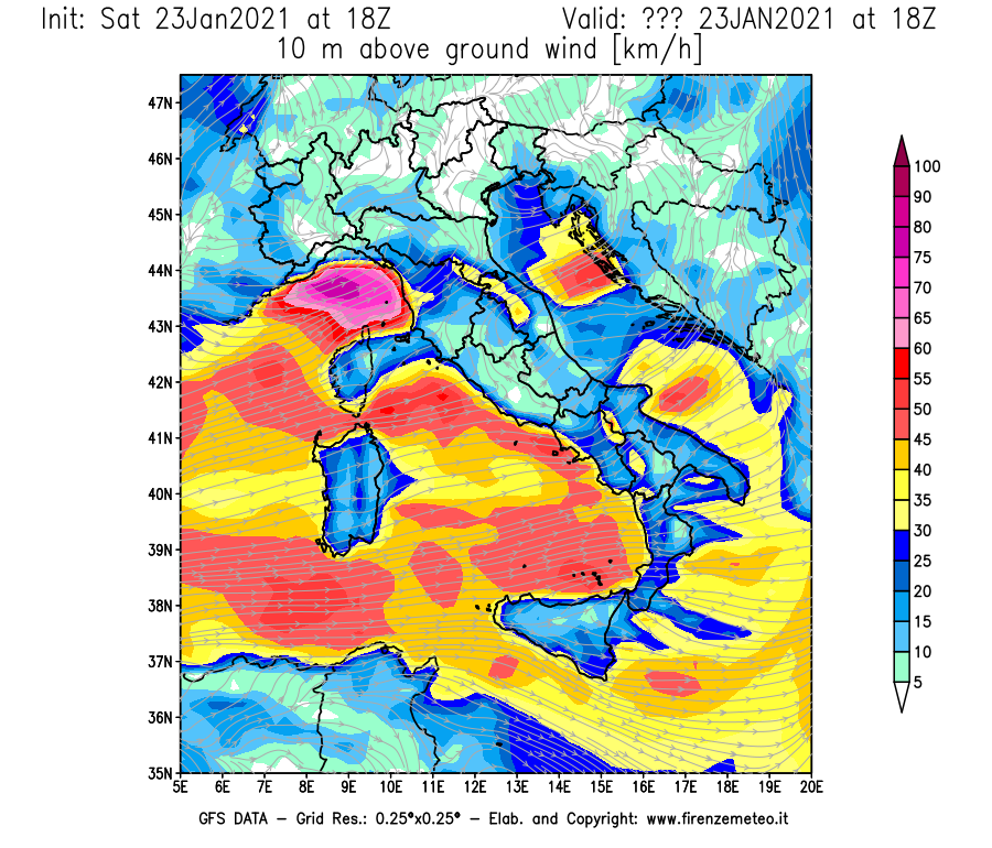 Mappa di analisi GFS - Velocità del vento a 10 metri dal suolo [km/h] in Italia
									del 23/01/2021 18 <!--googleoff: index-->UTC<!--googleon: index-->