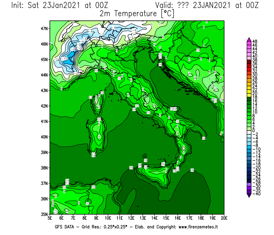 Mappa di analisi GFS - Temperatura a 2 metri dal suolo [°C] in Italia
									del 23/01/2021 00 <!--googleoff: index-->UTC<!--googleon: index-->