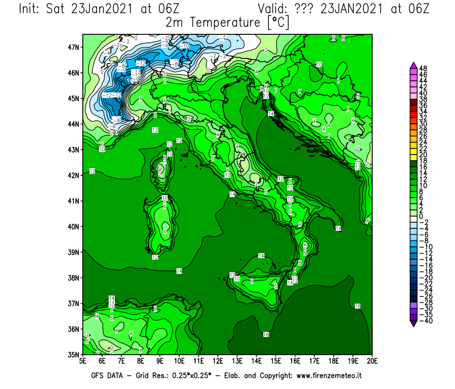 Mappa di analisi GFS - Temperatura a 2 metri dal suolo [°C] in Italia
									del 23/01/2021 06 <!--googleoff: index-->UTC<!--googleon: index-->