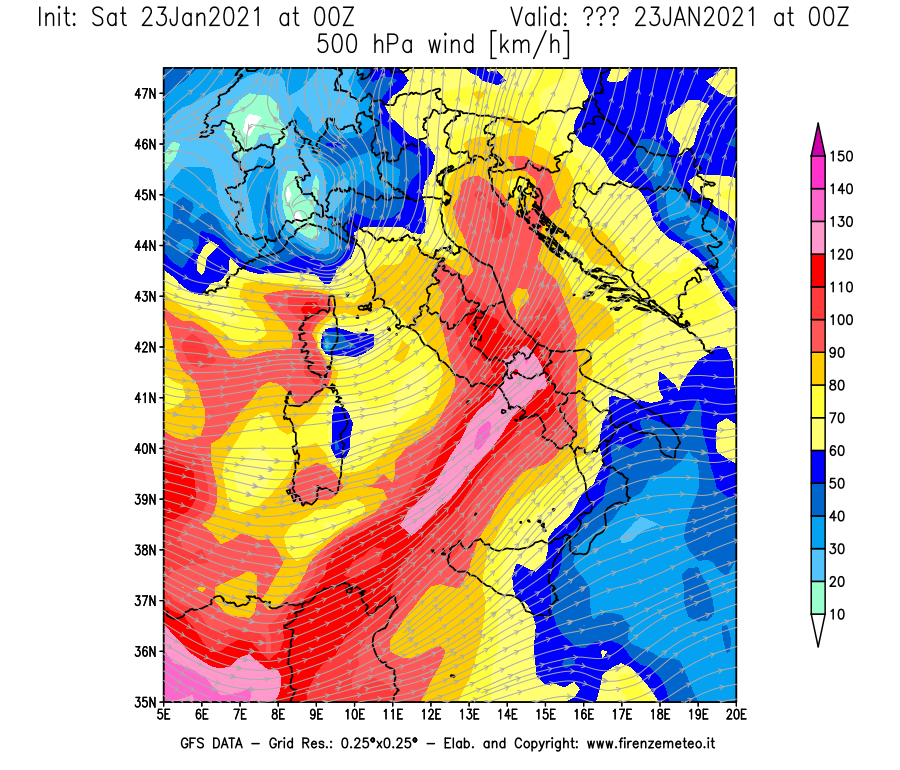 Mappa di analisi GFS - Velocità del vento a 500 hPa [km/h] in Italia
									del 23/01/2021 00 <!--googleoff: index-->UTC<!--googleon: index-->