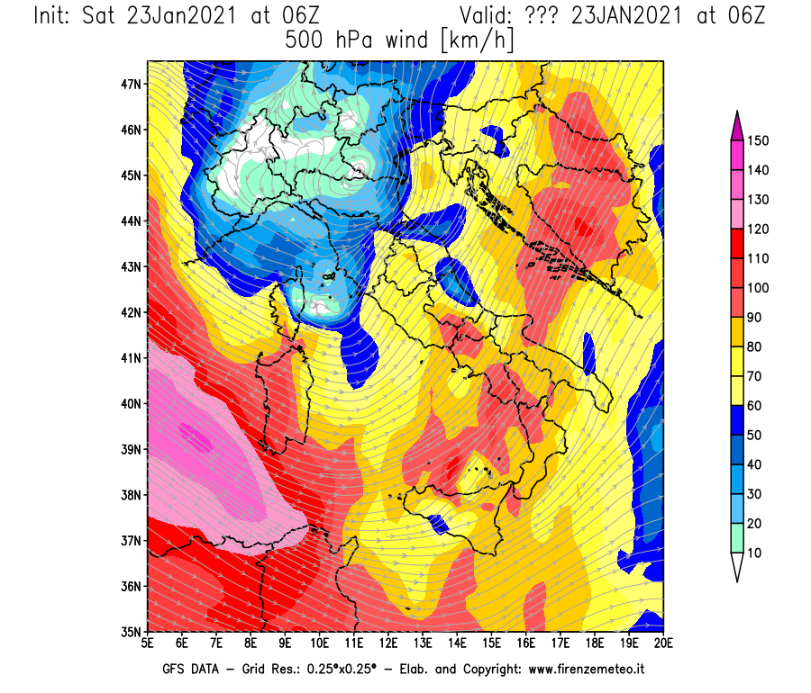 Mappa di analisi GFS - Velocità del vento a 500 hPa [km/h] in Italia
									del 23/01/2021 06 <!--googleoff: index-->UTC<!--googleon: index-->