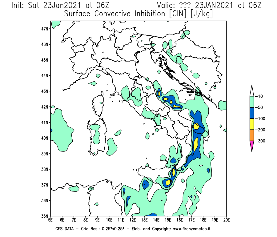 Mappa di analisi GFS - CIN [J/kg] in Italia
									del 23/01/2021 06 <!--googleoff: index-->UTC<!--googleon: index-->