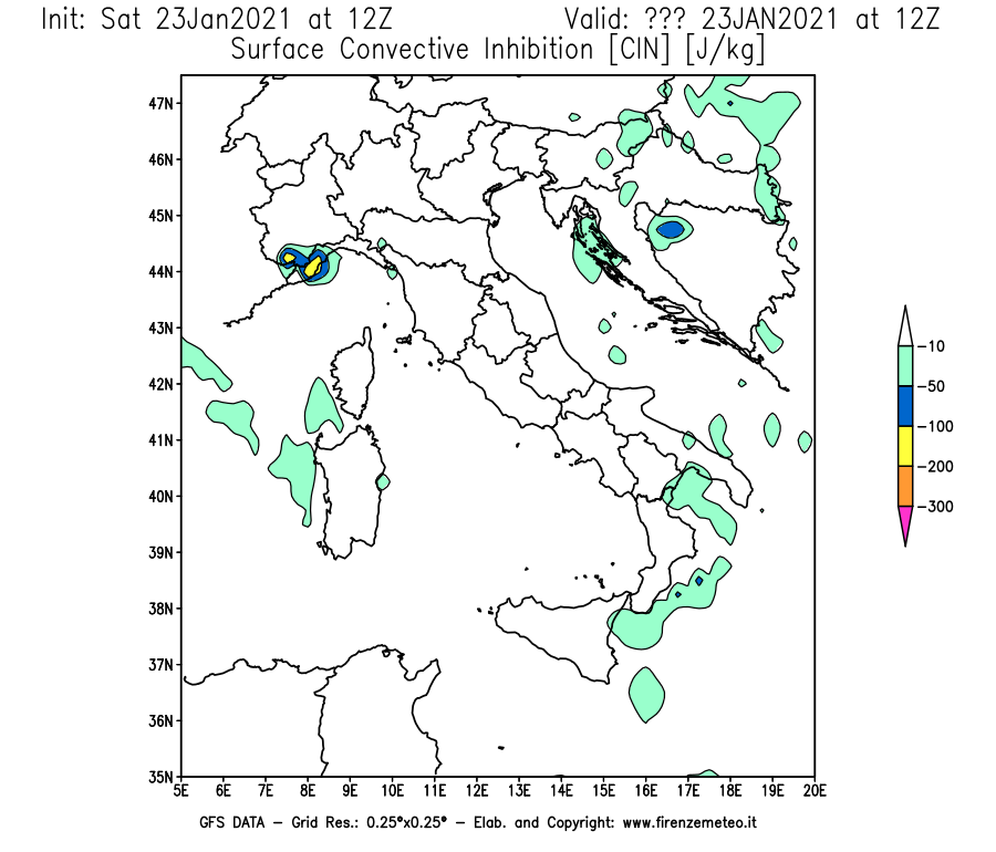 Mappa di analisi GFS - CIN [J/kg] in Italia
							del 23/01/2021 12 <!--googleoff: index-->UTC<!--googleon: index-->