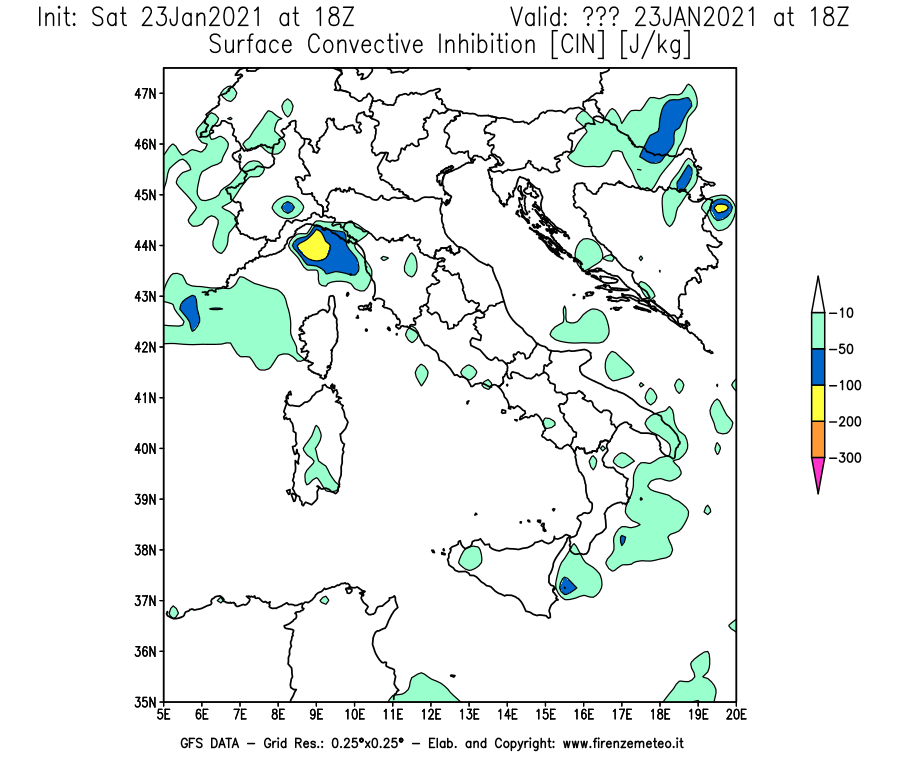 Mappa di analisi GFS - CIN [J/kg] in Italia
							del 23/01/2021 18 <!--googleoff: index-->UTC<!--googleon: index-->
