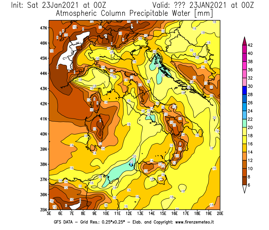 Mappa di analisi GFS - Precipitable Water [mm] in Italia
									del 23/01/2021 00 <!--googleoff: index-->UTC<!--googleon: index-->