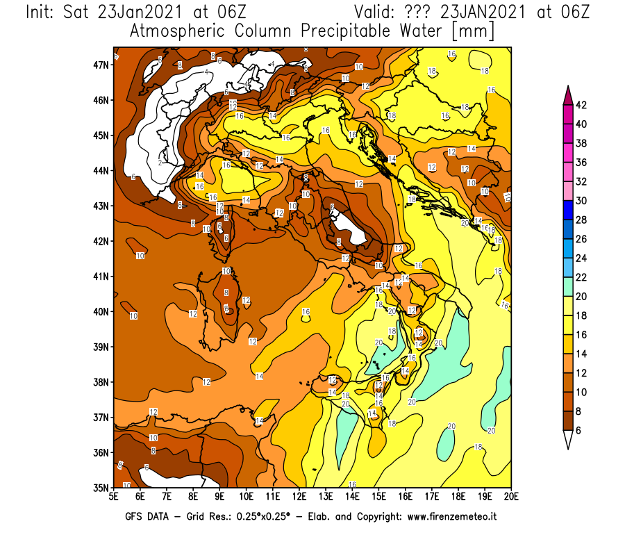 Mappa di analisi GFS - Precipitable Water [mm] in Italia
							del 23/01/2021 06 <!--googleoff: index-->UTC<!--googleon: index-->