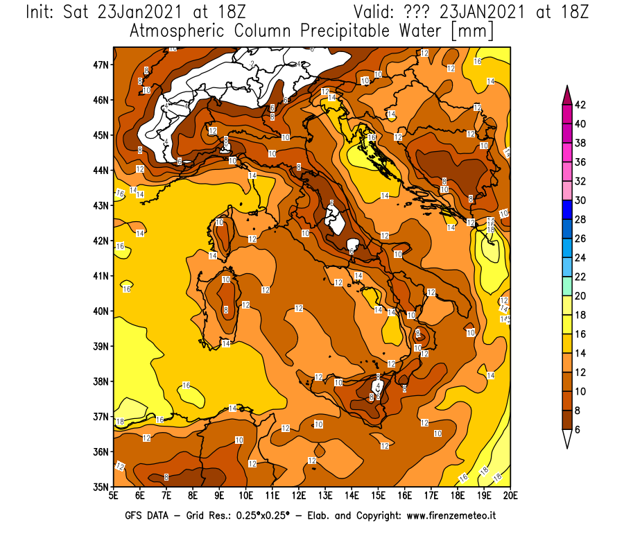 Mappa di analisi GFS - Precipitable Water [mm] in Italia
							del 23/01/2021 18 <!--googleoff: index-->UTC<!--googleon: index-->