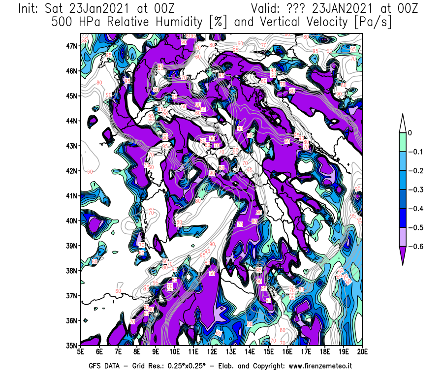 Mappa di analisi GFS - Umidità relativa [%] e Omega [Pa/s] a 500 hPa in Italia
									del 23/01/2021 00 <!--googleoff: index-->UTC<!--googleon: index-->