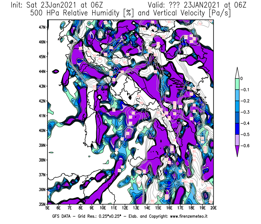 Mappa di analisi GFS - Umidità relativa [%] e Omega [Pa/s] a 500 hPa in Italia
							del 23/01/2021 06 <!--googleoff: index-->UTC<!--googleon: index-->