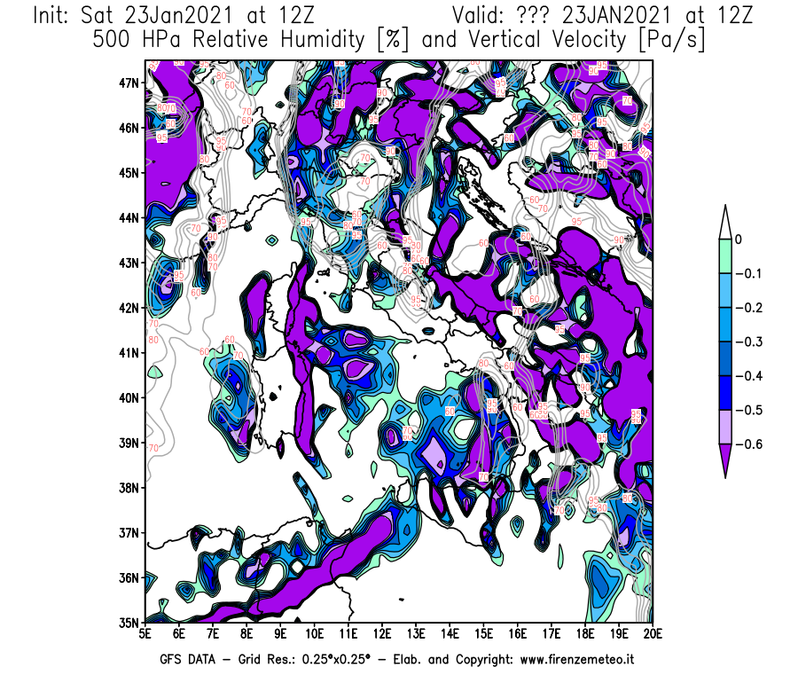 Mappa di analisi GFS - Umidità relativa [%] e Omega [Pa/s] a 500 hPa in Italia
									del 23/01/2021 12 <!--googleoff: index-->UTC<!--googleon: index-->