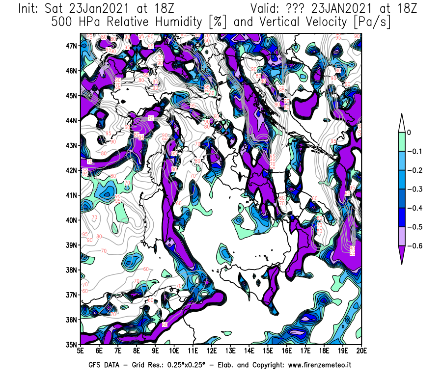 Mappa di analisi GFS - Umidità relativa [%] e Omega [Pa/s] a 500 hPa in Italia
							del 23/01/2021 18 <!--googleoff: index-->UTC<!--googleon: index-->