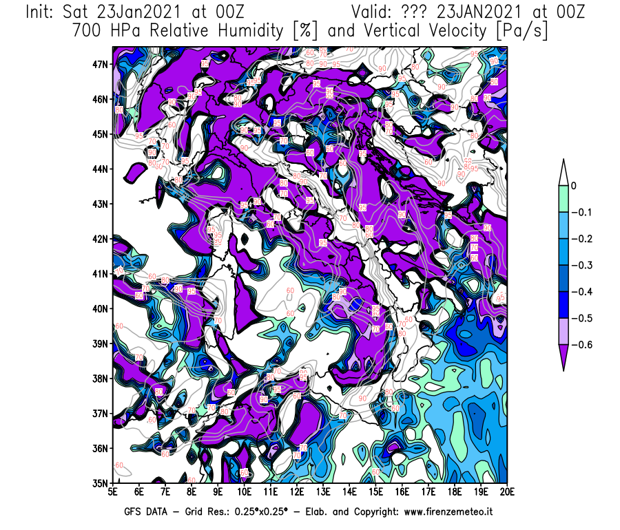 Mappa di analisi GFS - Umidità relativa [%] e Omega [Pa/s] a 700 hPa in Italia
									del 23/01/2021 00 <!--googleoff: index-->UTC<!--googleon: index-->