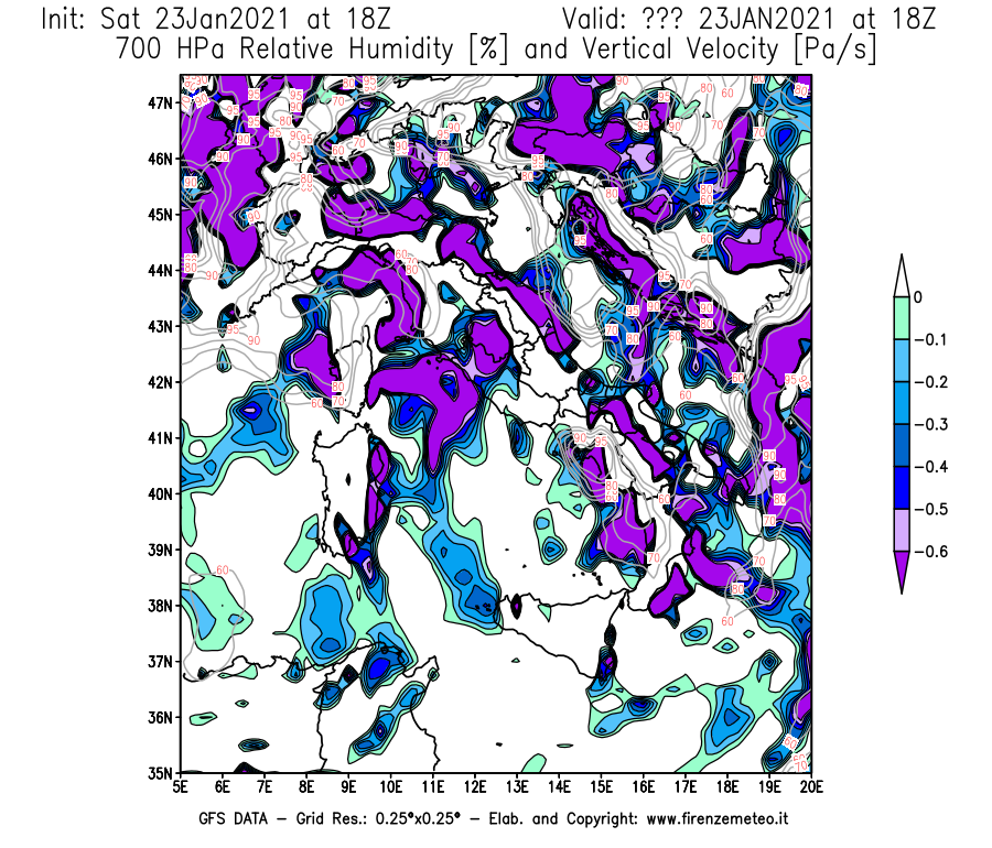 Mappa di analisi GFS - Umidità relativa [%] e Omega [Pa/s] a 700 hPa in Italia
							del 23/01/2021 18 <!--googleoff: index-->UTC<!--googleon: index-->