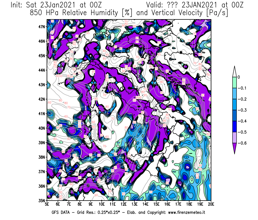 Mappa di analisi GFS - Umidità relativa [%] e Omega [Pa/s] a 850 hPa in Italia
									del 23/01/2021 00 <!--googleoff: index-->UTC<!--googleon: index-->