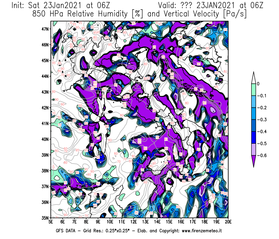 Mappa di analisi GFS - Umidità relativa [%] e Omega [Pa/s] a 850 hPa in Italia
									del 23/01/2021 06 <!--googleoff: index-->UTC<!--googleon: index-->
