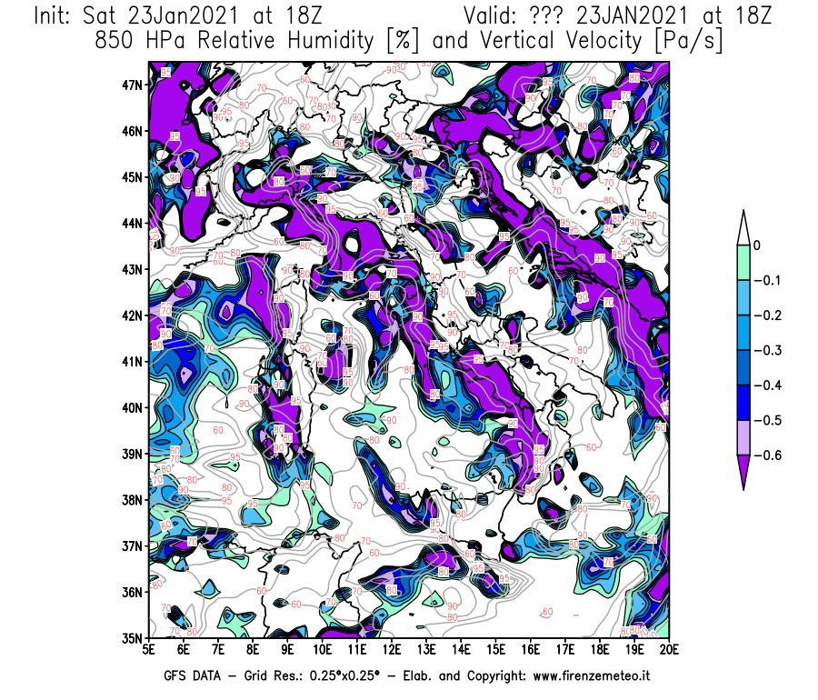 Mappa di analisi GFS - Umidità relativa [%] e Omega [Pa/s] a 850 hPa in Italia
							del 23/01/2021 18 <!--googleoff: index-->UTC<!--googleon: index-->