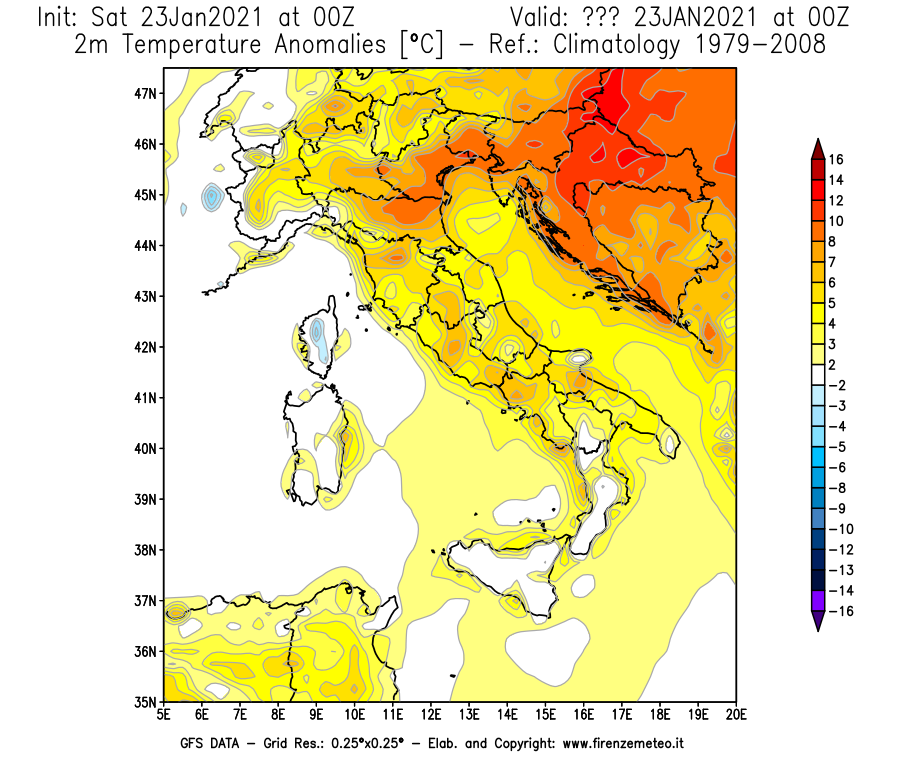 Mappa di analisi GFS - Anomalia Temperatura [°C] a 2 m in Italia
							del 23/01/2021 00 <!--googleoff: index-->UTC<!--googleon: index-->