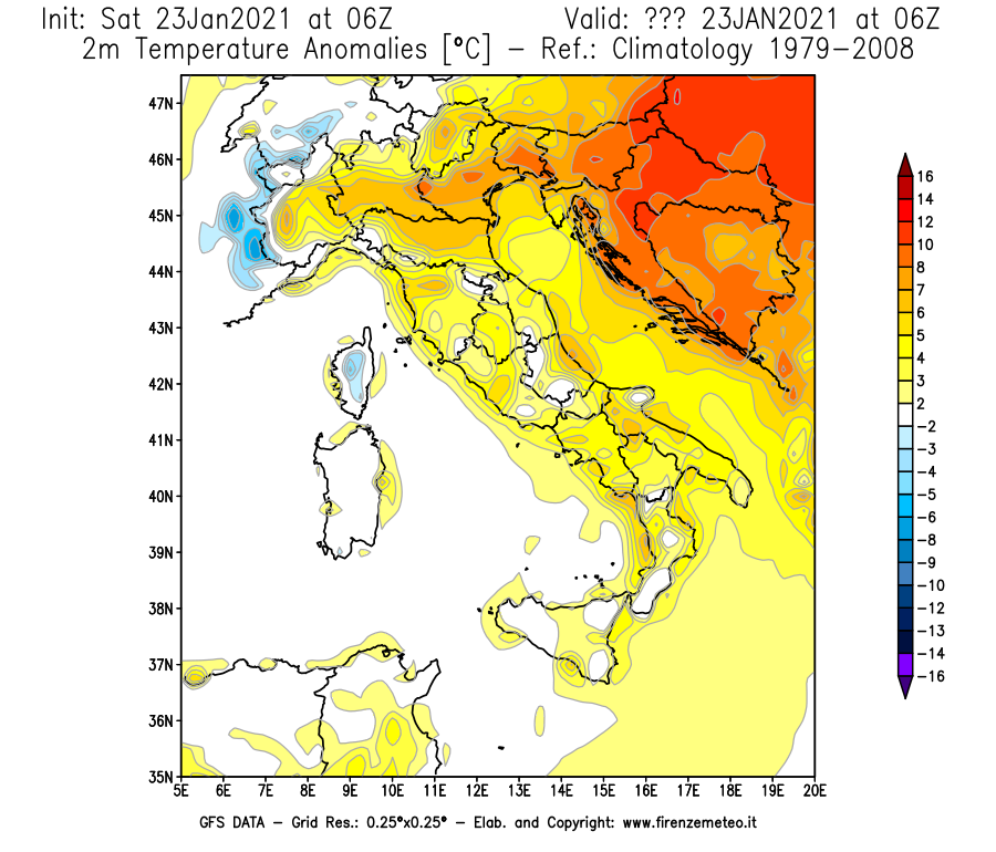 Mappa di analisi GFS - Anomalia Temperatura [°C] a 2 m in Italia
							del 23/01/2021 06 <!--googleoff: index-->UTC<!--googleon: index-->