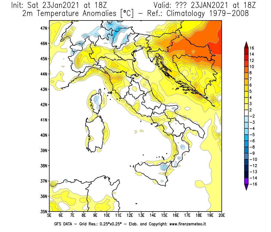 Mappa di analisi GFS - Anomalia Temperatura [°C] a 2 m in Italia
									del 23/01/2021 18 <!--googleoff: index-->UTC<!--googleon: index-->
