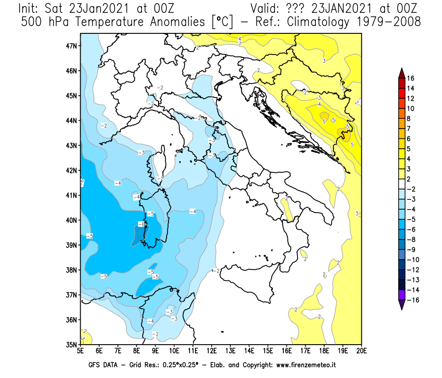 Mappa di analisi GFS - Anomalia Temperatura [°C] a 500 hPa in Italia
									del 23/01/2021 00 <!--googleoff: index-->UTC<!--googleon: index-->