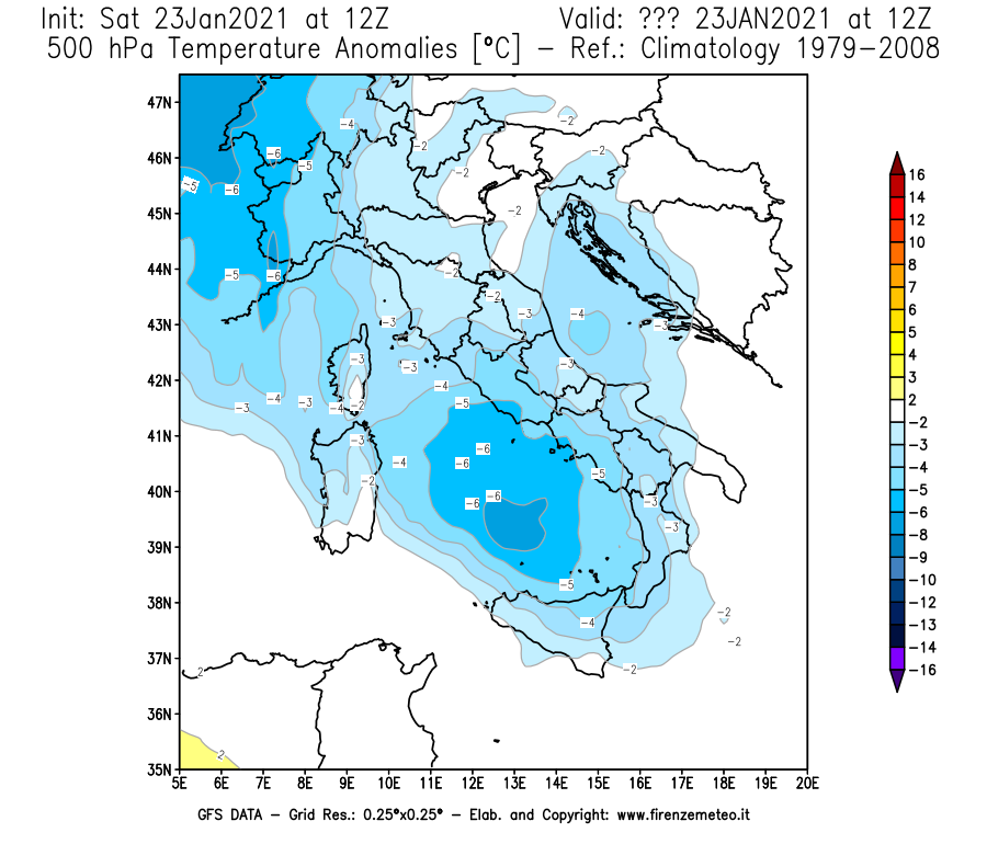Mappa di analisi GFS - Anomalia Temperatura [°C] a 500 hPa in Italia
							del 23/01/2021 12 <!--googleoff: index-->UTC<!--googleon: index-->