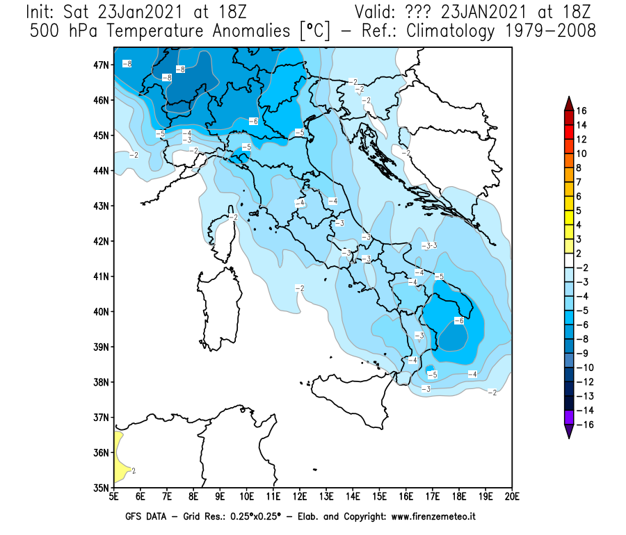 Mappa di analisi GFS - Anomalia Temperatura [°C] a 500 hPa in Italia
							del 23/01/2021 18 <!--googleoff: index-->UTC<!--googleon: index-->
