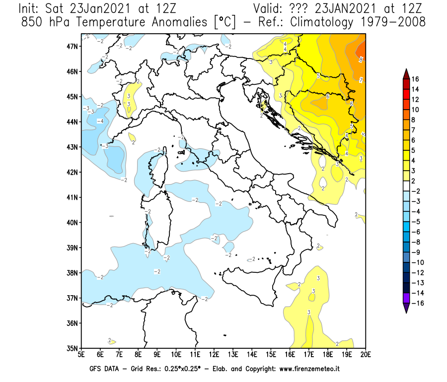 Mappa di analisi GFS - Anomalia Temperatura [°C] a 850 hPa in Italia
									del 23/01/2021 12 <!--googleoff: index-->UTC<!--googleon: index-->