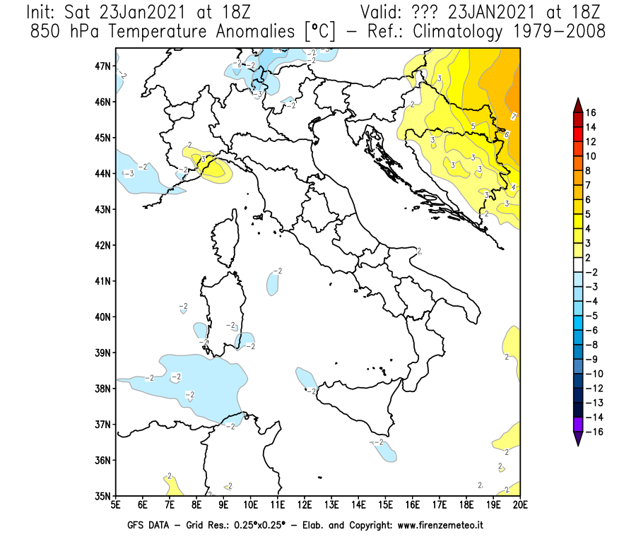 Mappa di analisi GFS - Anomalia Temperatura [°C] a 850 hPa in Italia
							del 23/01/2021 18 <!--googleoff: index-->UTC<!--googleon: index-->