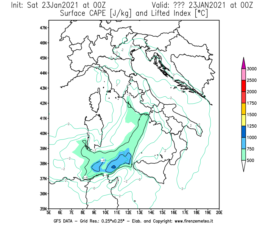 Mappa di analisi GFS - CAPE [J/kg] e Lifted Index [°C] in Italia
									del 23/01/2021 00 <!--googleoff: index-->UTC<!--googleon: index-->