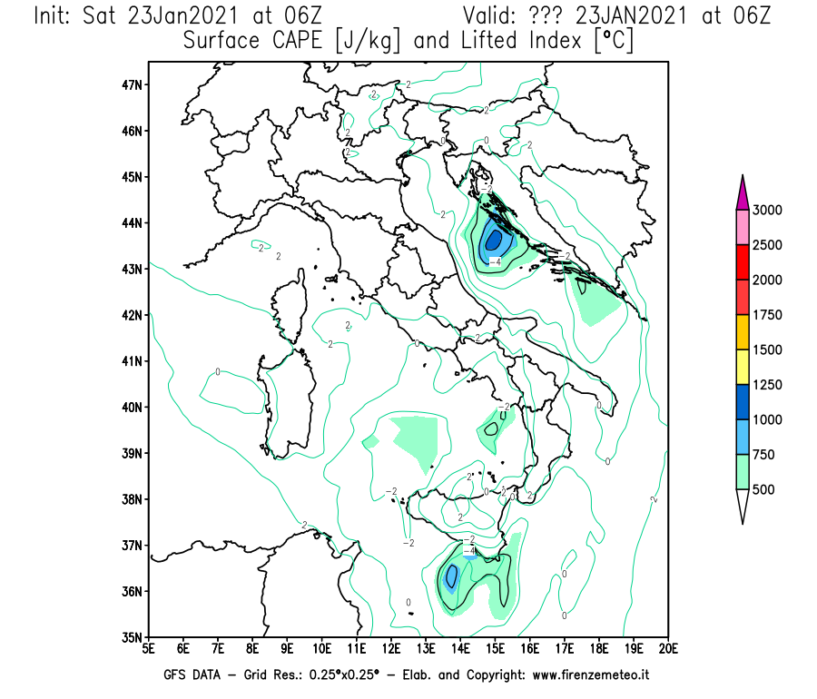Mappa di analisi GFS - CAPE [J/kg] e Lifted Index [°C] in Italia
									del 23/01/2021 06 <!--googleoff: index-->UTC<!--googleon: index-->