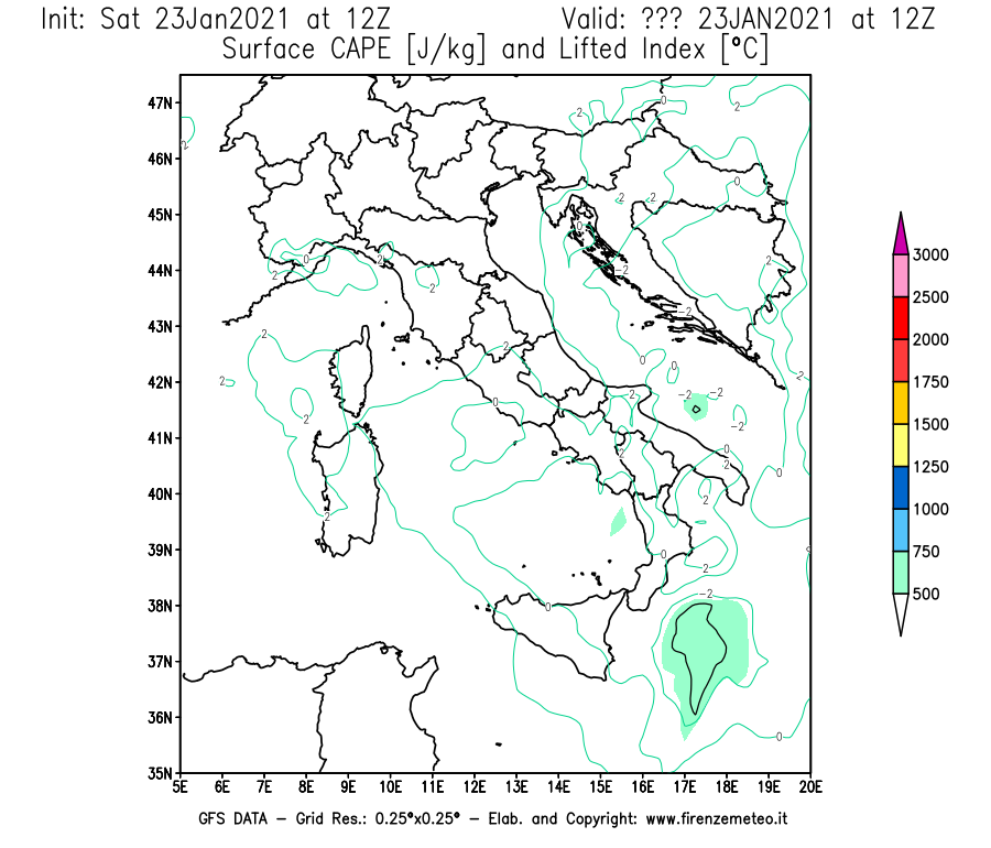 Mappa di analisi GFS - CAPE [J/kg] e Lifted Index [°C] in Italia
									del 23/01/2021 12 <!--googleoff: index-->UTC<!--googleon: index-->