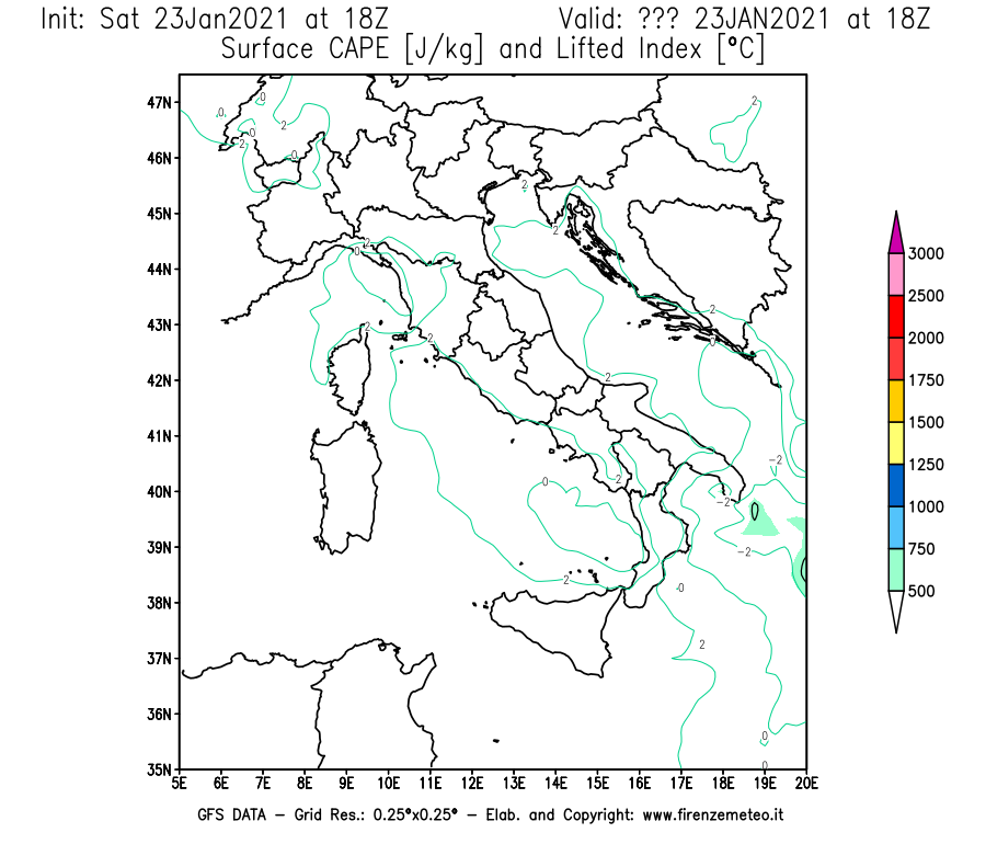 Mappa di analisi GFS - CAPE [J/kg] e Lifted Index [°C] in Italia
							del 23/01/2021 18 <!--googleoff: index-->UTC<!--googleon: index-->