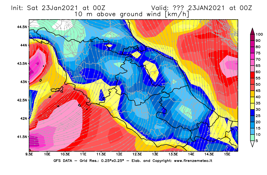Mappa di analisi GFS - Velocità del vento a 10 metri dal suolo [km/h] in Centro-Italia
									del 23/01/2021 00 <!--googleoff: index-->UTC<!--googleon: index-->