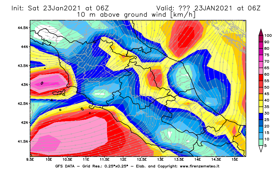 Mappa di analisi GFS - Velocità del vento a 10 metri dal suolo [km/h] in Centro-Italia
							del 23/01/2021 06 <!--googleoff: index-->UTC<!--googleon: index-->