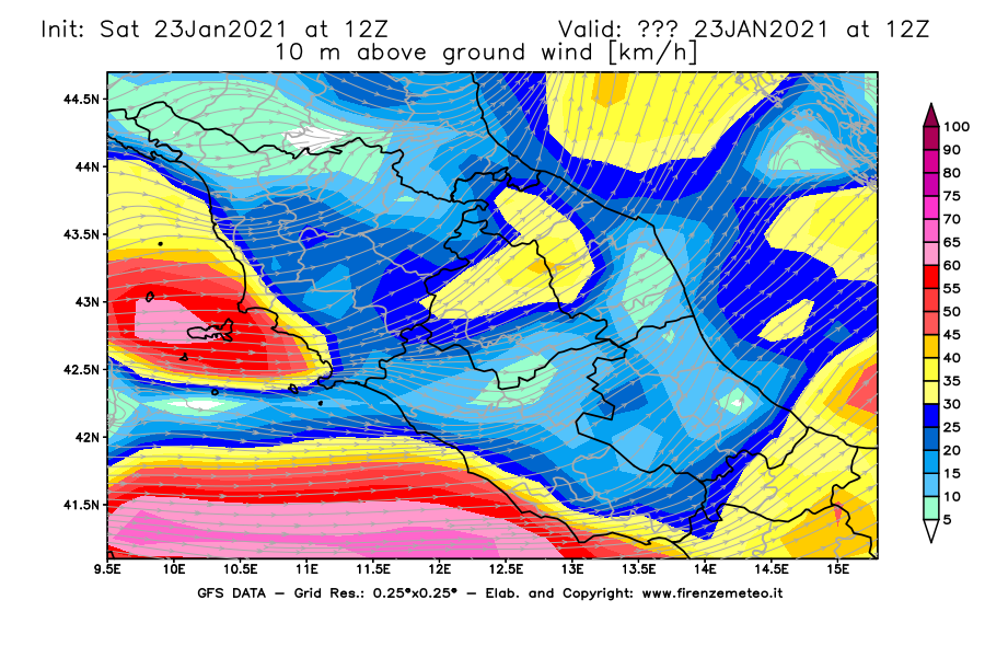 Mappa di analisi GFS - Velocità del vento a 10 metri dal suolo [km/h] in Centro-Italia
									del 23/01/2021 12 <!--googleoff: index-->UTC<!--googleon: index-->