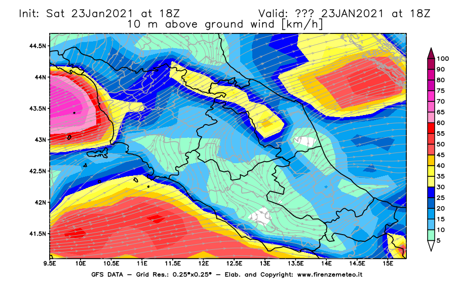 Mappa di analisi GFS - Velocità del vento a 10 metri dal suolo [km/h] in Centro-Italia
									del 23/01/2021 18 <!--googleoff: index-->UTC<!--googleon: index-->